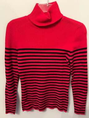 Liz Claiborne Vintage Y2K Red and Black Striped Ribbed Turtleneck Sweater